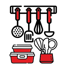 Kitchen accessories and cutlery items with logo